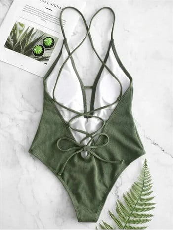 Секси едноцветни зелени черни бански костюми Дамски бански костюм с висока изрезка от една част, бански костюм без гръб и висока талия Плажен бански костюм Монокини 2024