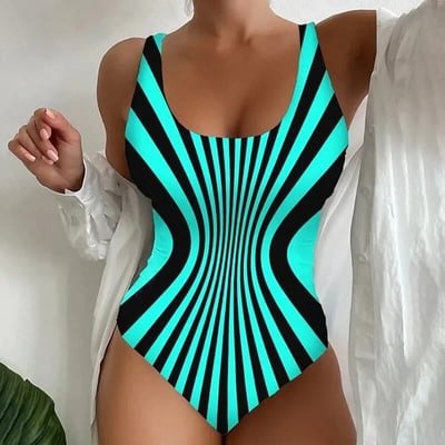 Costum de baie dintr-o bucată cu imprimeu în dungi Costum de baie pentru femei Push Up Căptușit Costum de baie cu decolteu în V fără spate Body Costume de plajă XS-5XL