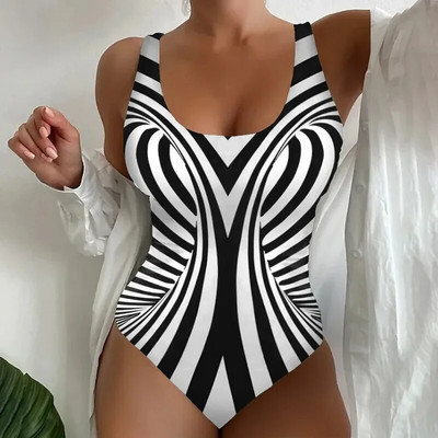 Costum de baie dintr-o bucată cu imprimeu în dungi Costum de baie pentru femei Push Up Căptușit Costum de baie cu decolteu în V fără spate Body Costume de plajă XS-5XL