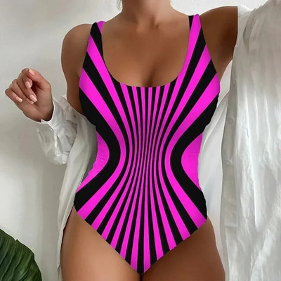 Costum de baie dintr-o bucată cu imprimeu în dungi Costum de baie pentru femei Push Up Căptușit Costum de baie cu decolteu în V fără spate Body Costume de plajă XS-5XL