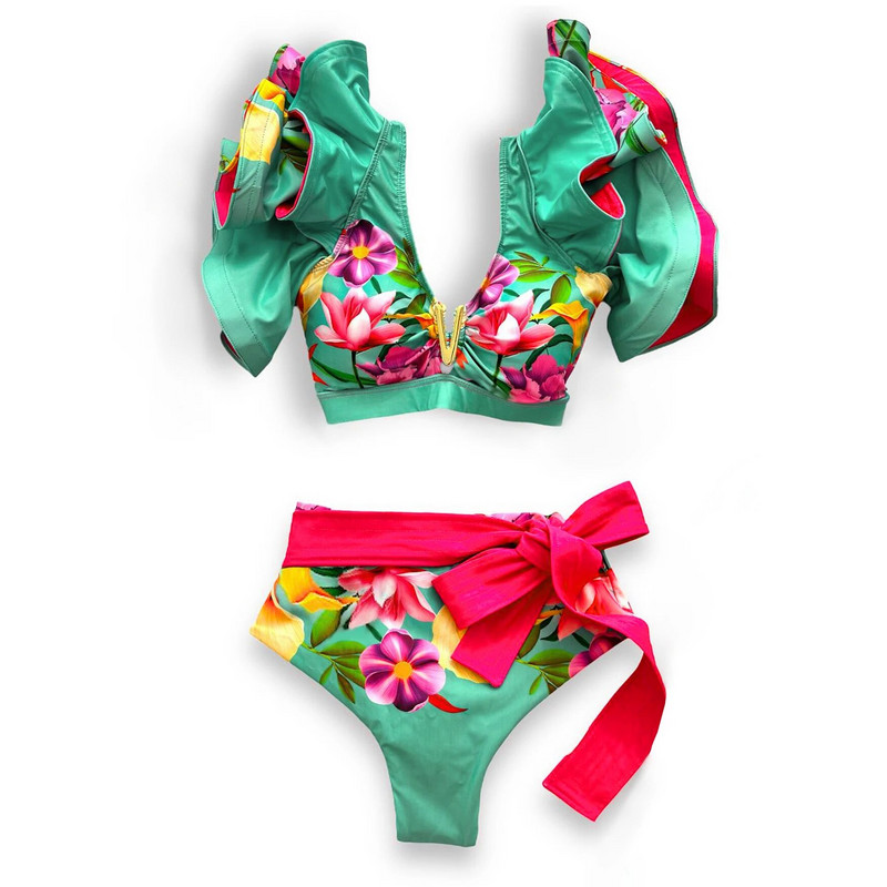 2024 Visokokvalitetni seksi bikini set s cvjetnim brazilskim bikinijem na ramenima i naborima Kupaći kostim Ženski kupaći kostim Jednobojni monokini za plažu