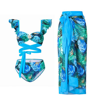 2024 Секси комплект бикини 3PC Дамски бански костюм Бикини с висока талия Push Up Бански костюм Плажно облекло на цветя Бикини Дамски плажни екипи Су