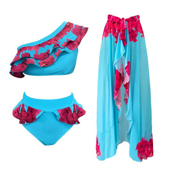 2024 Секси комплект бикини 3PC Дамски бански костюм Бикини с висока талия Push Up Бански костюм Плажно облекло на цветя Бикини Дамски плажни екипи Су
