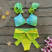 2023 Ženski seksi kupaći kostim Push up kupaći kostim s volanima na ramenima i visokim strukom od 3 komada Bikini za plažu Ženski kupaći kostim