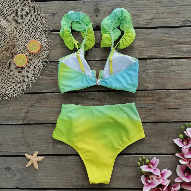 2023 Ženski seksi kupaći kostim Push up kupaći kostim s volanima na ramenima i visokim strukom od 3 komada Bikini za plažu Ženski kupaći kostim