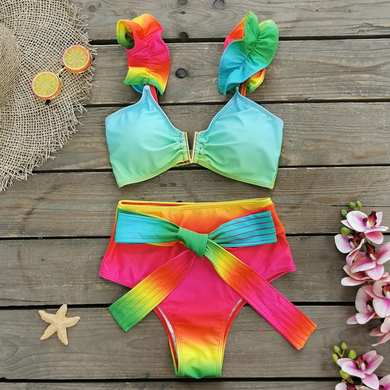 2023 Ženski seksi kupaći kostim Push up kupaći kostim s volanima na ramenima i visokim strukom od 3 komada Bikini za plažu Ženski kupaći kostim