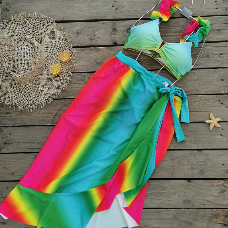 2023 Ženski seksi kupaći kostim Push up kupaći kostim s volanima na ramenima i visokim strukom od 3 komada Bikini za plažu Ženski kupaći kostim