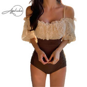 Korea Sweet Off Shoulder Puff ujjú horgolt csipke patchwork magas derekú Monokini fürdőruha női karcsú strandruha fürdőruha