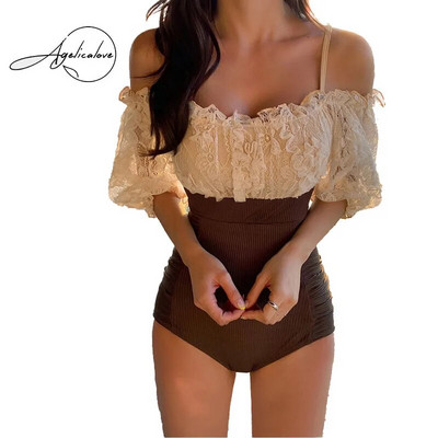 Korea Sweet Off Shoulder Puff varrukas heegeldatud pits plaaster kõrge vöökohaga Monokini naiste ujumisriided õhukesed rannariided ujumisriided