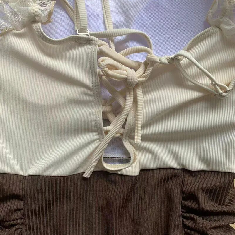 Korea Sweet Off Shoulder Puff ujjú horgolt csipke patchwork magas derekú Monokini fürdőruha női karcsú strandruha fürdőruha