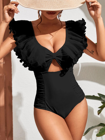 2024 Секси бански костюм с волани, плътни цветя, едно парче с презрамки за отслабване Дамски бански костюм с дълбок V бански костюм, летни плажни облекла, дамски