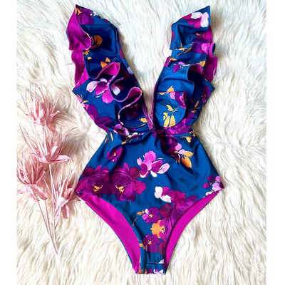 Jednodijelni kupaći kostim 2024. Kupaći kostimi za veće veličine Ženski remen s V-izrezom Monokini Seksi kupaći kostimi s volanima Push Up String Odjeća za plažu