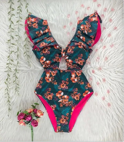 Jednodijelni kupaći kostim 2024. Kupaći kostimi za veće veličine Ženski remen s V-izrezom Monokini Seksi kupaći kostimi s volanima Push Up String Odjeća za plažu