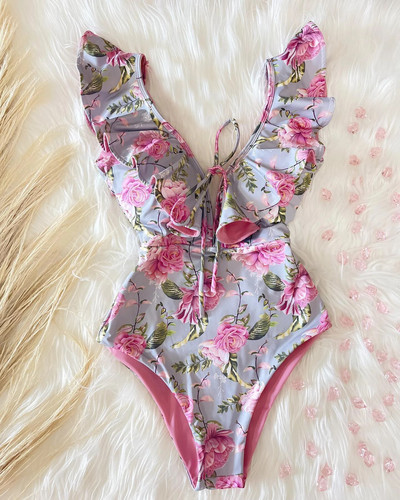 Jednodijelni kupaći kostim 2024. Kupaći kostimi za veće veličine Ženski remen s V-izrezom Monokini Seksi kupaći kostimi s volanima Push Up String Odjeća za plažu