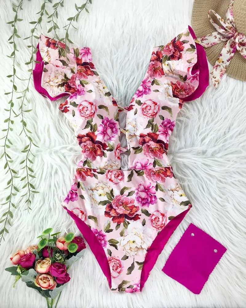 Jednodijelni kupaći kostim 2024. Kupaći kostimi za veće veličine Ženski remen s V-izrezom Monokini Seksi kupaći kostimi s volanima Push Up String Odjeća za plažu