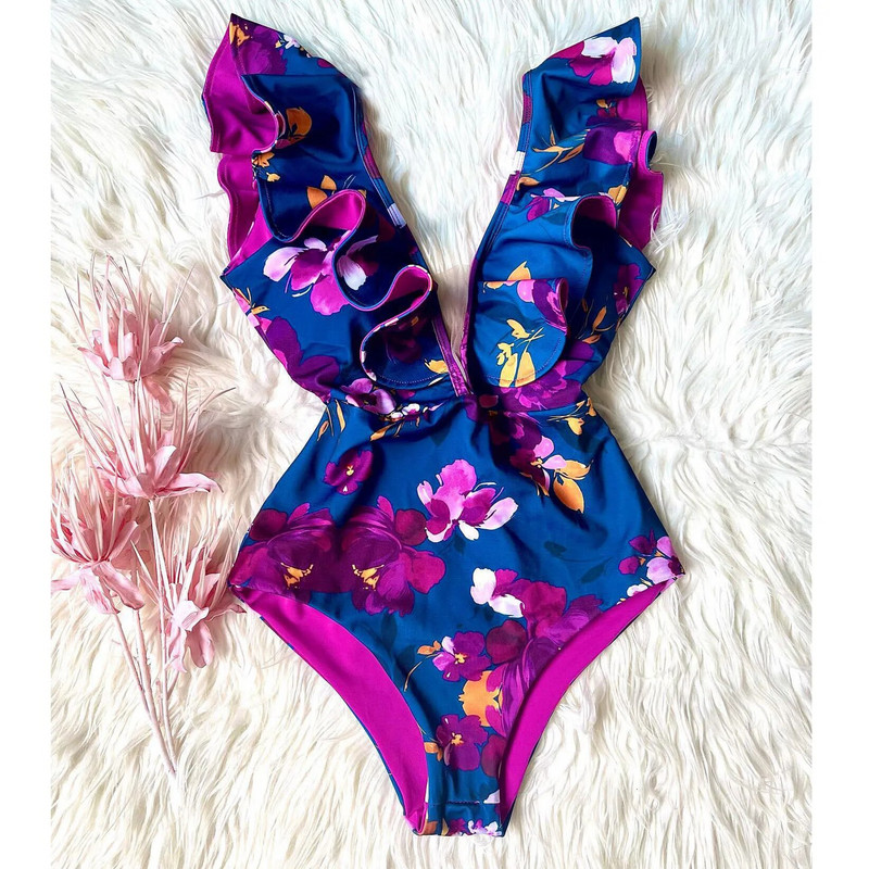 Jednodijelni kupaći kostim 2024. Kupaći kostimi za veće veličine Ženski remen s V-izrezom Monokini Seksi kupaći kostimi s volanima Push Up String Odjeća za plažu