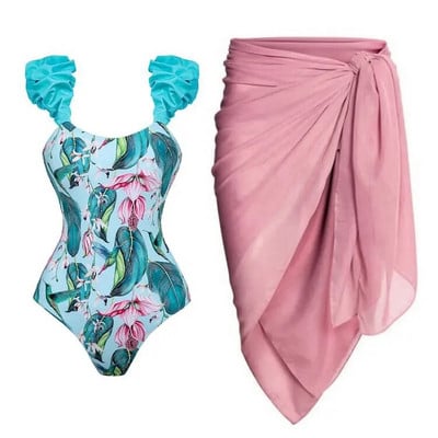 Zöld függő, fodros fürdőruha, magas derekú, egyrészes kivágott bikini és rózsaszín sifonszoknya, elegáns, női használatra