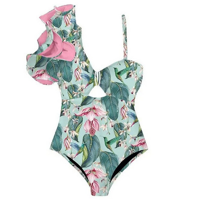 Zöld függő, fodros fürdőruha, magas derekú, egyrészes kivágott bikini és rózsaszín sifonszoknya, elegáns, női használatra