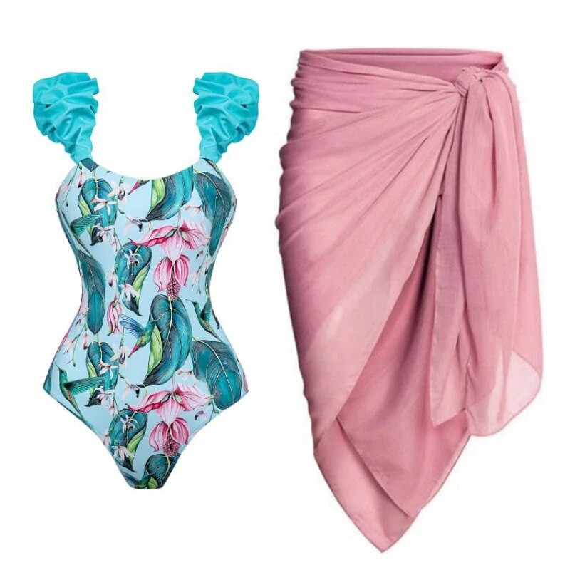 Zöld függő, fodros fürdőruha, magas derekú, egyrészes kivágott bikini és rózsaszín sifonszoknya, elegáns, női használatra