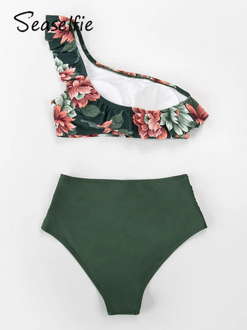 SEASELFIE Комплекти бикини с едно рамо и висока талия Дамски секси зелен бански костюм от две части на цветя 2023 г. Нов бански костюм