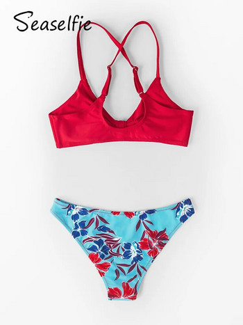 SEASELFIE Комплекти бикини с червен и флорален принт с ниска талия Бански костюм Дамски секси бански костюми от две части с панделка 2023 Плажни бански костюми