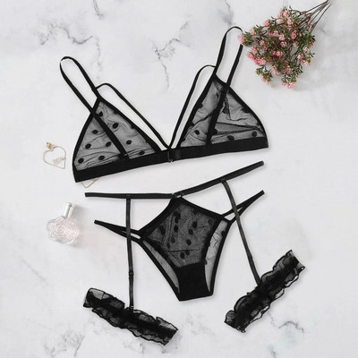 Set de lenjerie sexy din dantelă transparentă Set de lenjerie de dormit neagră cu decolteu în V Bandaj Set de lenjerie intima exotică Femei Plus Size ținută sexy de lenjerie intimă