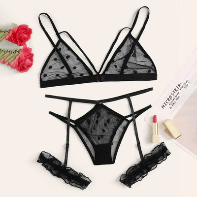 Set de lenjerie sexy din dantelă transparentă Set de lenjerie de dormit neagră cu decolteu în V Bandaj Set de lenjerie intima exotică Femei Plus Size ținută sexy de lenjerie intimă
