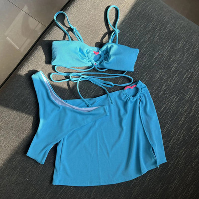 Ženski bikini 3-dijelni jednobojni bikini komplet kupaći kostim sa sarongs maskama kupaći kostim suknja za plažu