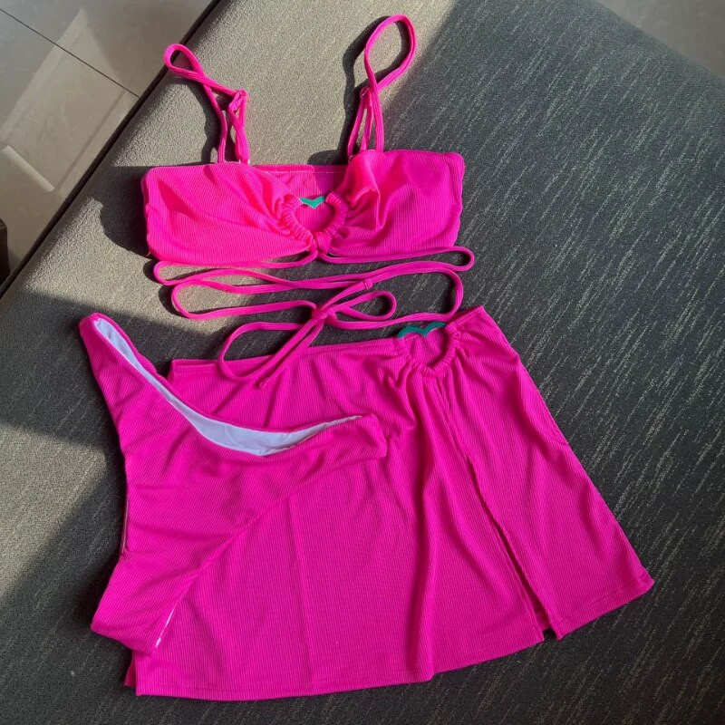 Ženski bikini 3-dijelni jednobojni bikini komplet kupaći kostim sa sarongs maskama kupaći kostim suknja za plažu