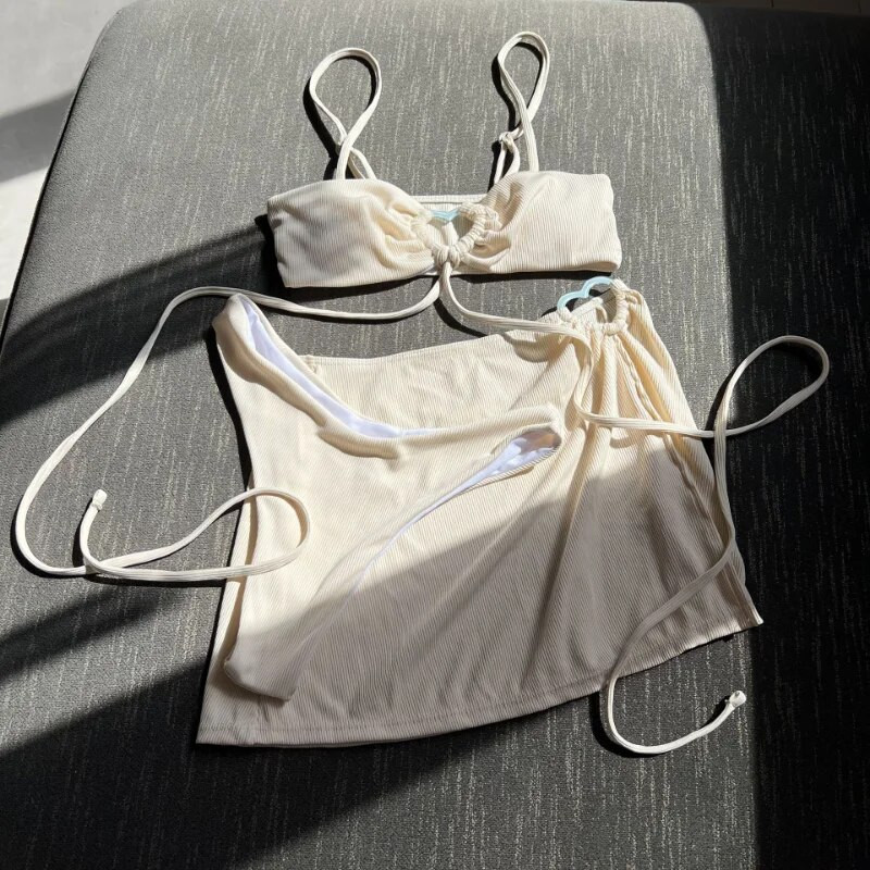 Ženski bikini 3-dijelni jednobojni bikini komplet kupaći kostim sa sarongs maskama kupaći kostim suknja za plažu