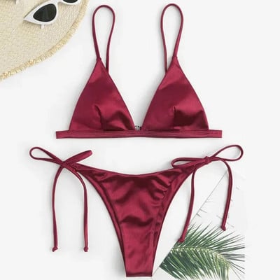 Seksi bikini satenski svileni kupaći kostim Ženski Push Up set kupaćih kostima Brazilski kupaći kostim Ljetni dvodijelni kupaći kostim za plažu koji se samovezuje