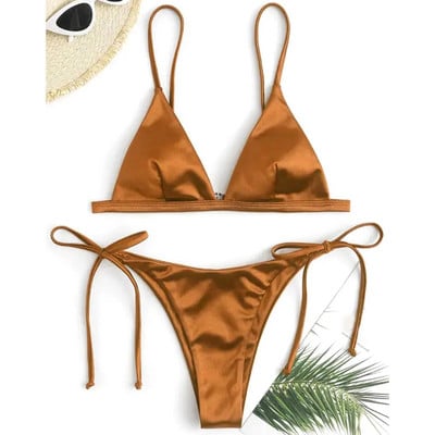 Seksi bikini satenski svileni kupaći kostim Ženski Push Up set kupaćih kostima Brazilski kupaći kostim Ljetni dvodijelni kupaći kostim za plažu koji se samovezuje