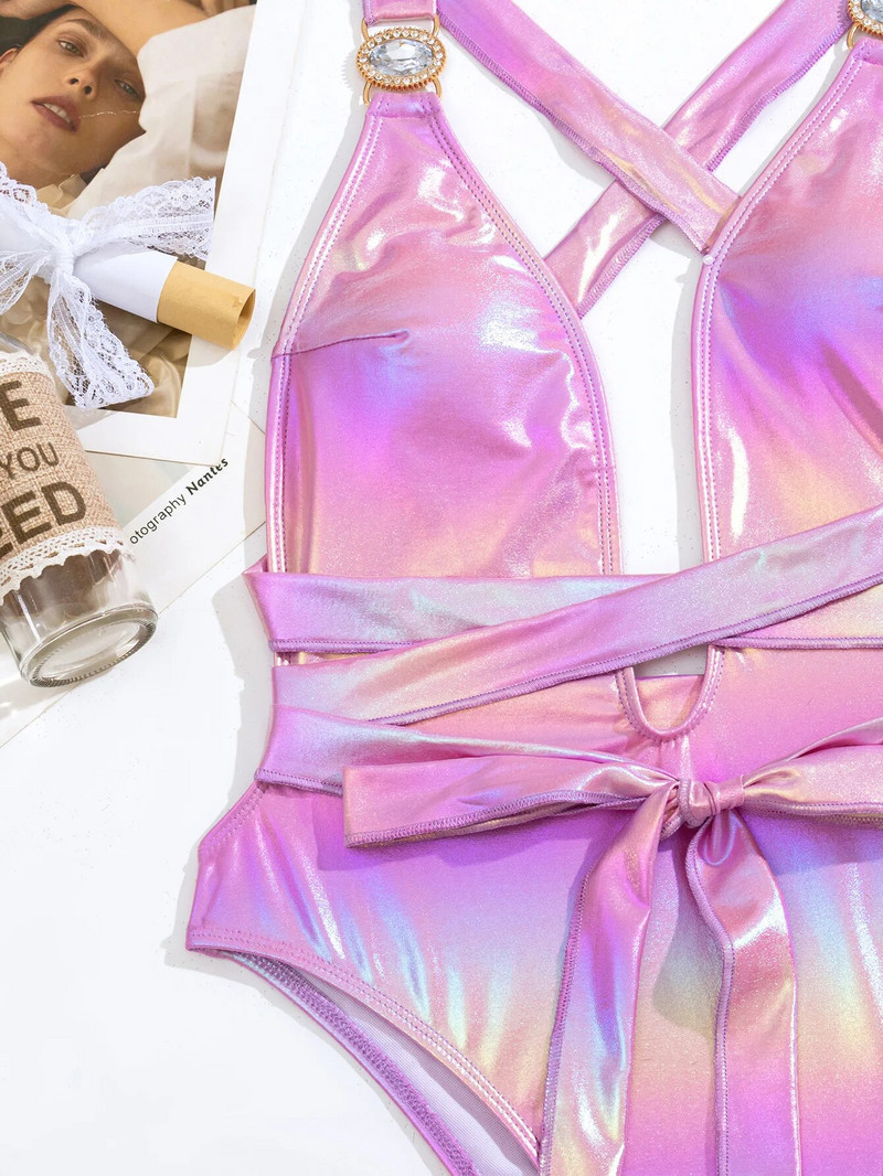Mély V nyakú egyrészes fürdőruha Cross Bandage hát nélküli női fürdőruha Fényes strassz patchwork női fürdőruha Monokini