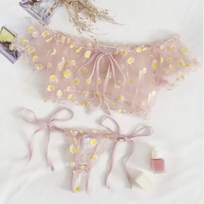 Seksi žensko donje rublje Čipkani komplet donjeg rublja s cvjetnim žicom bez ramena, mala prsa Bralette + tange Odjeća za plažu, proziran komplet grudnjaka