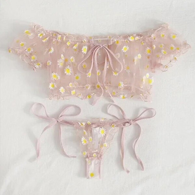 Seksi žensko donje rublje Čipkani komplet donjeg rublja s cvjetnim žicom bez ramena, mala prsa Bralette + tange Odjeća za plažu, proziran komplet grudnjaka