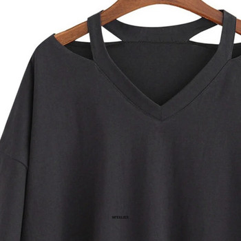 Плюс размер 7XL 150 кг Дамска тениска с черна топ Дамска свободна тениска Лятна тениска за Femme с V-образно деколте