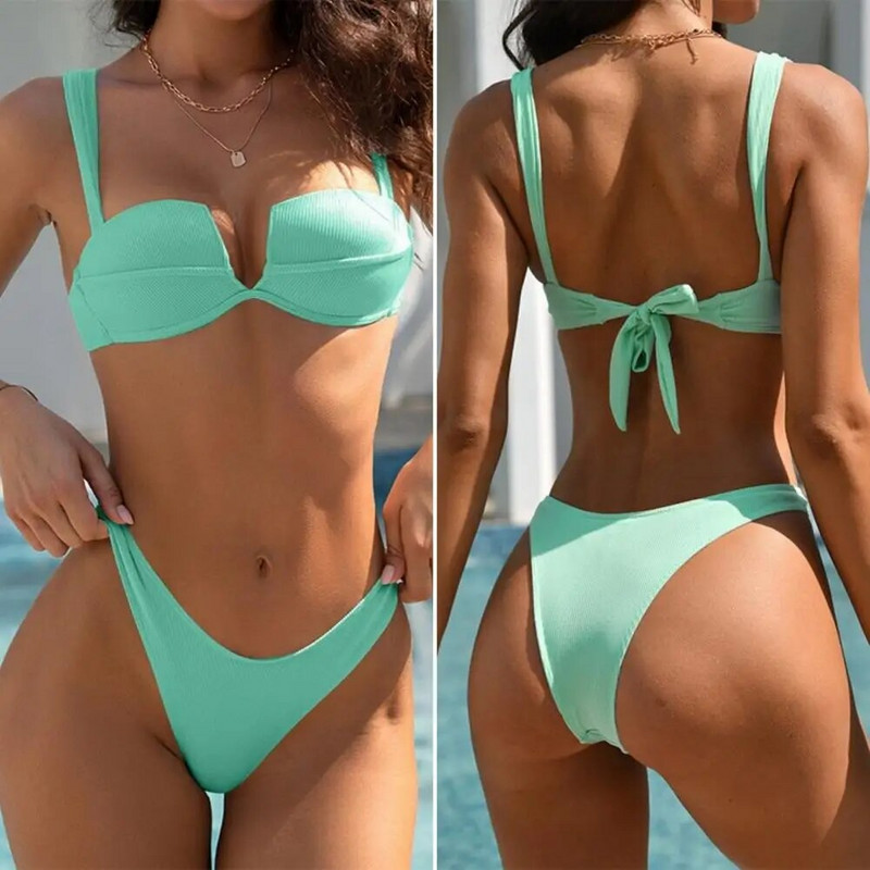 Testhez simuló bikini magas derekú, osztott bikini szett nőknek egyszínű, elasztikus hárompontos, hát nélküli fürdőruha, gyors nyárra