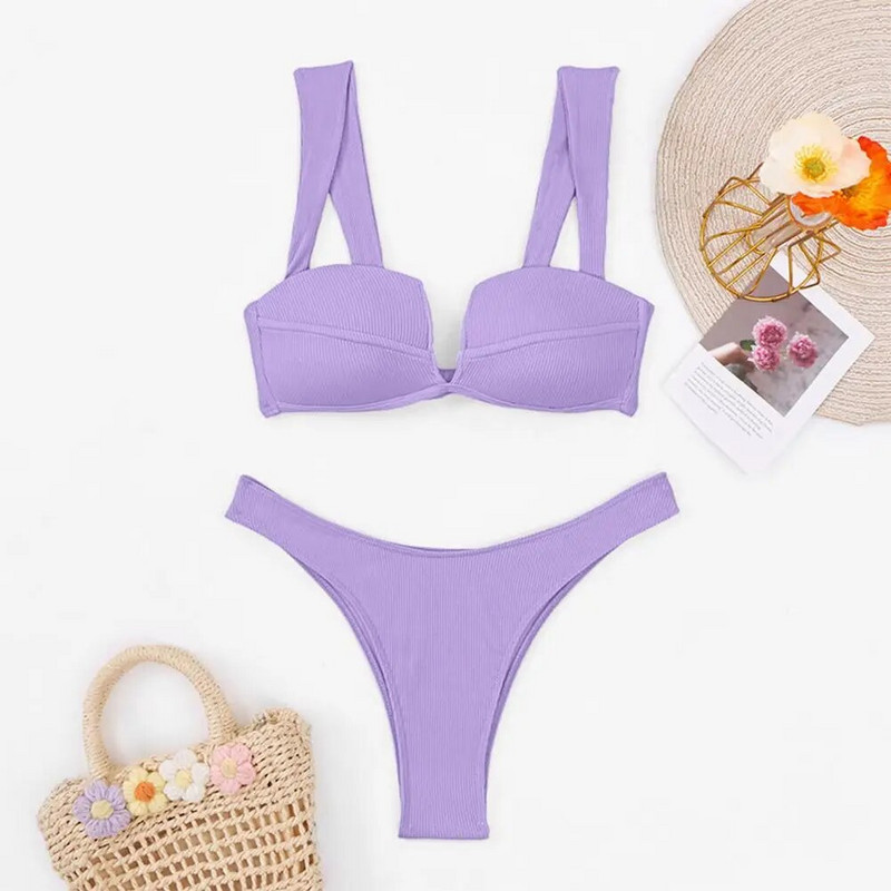 Testhez simuló bikini magas derekú, osztott bikini szett nőknek egyszínű, elasztikus hárompontos, hát nélküli fürdőruha, gyors nyárra