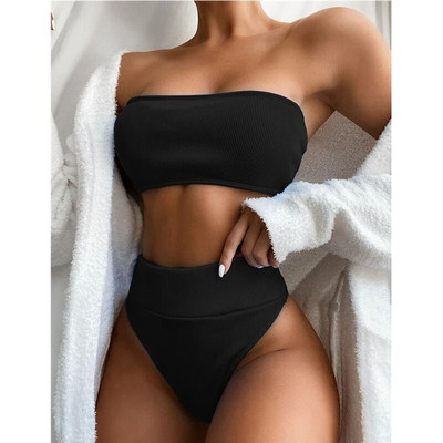 Seksi kupaći kostimi s visokim strukom, ženski kupaći kostim s otvorenim ramenima, jednobojni bikini za 2021., ženski kupaći kostim s bandeau kupaćim kostimom za kupanje