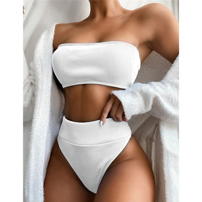 Seksi kupaći kostimi s visokim strukom, ženski kupaći kostim s otvorenim ramenima, jednobojni bikini za 2021., ženski kupaći kostim s bandeau kupaćim kostimom za kupanje