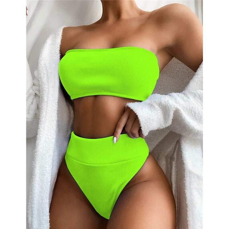 Seksi kupaći kostimi s visokim strukom, ženski kupaći kostim s otvorenim ramenima, jednobojni bikini za 2021., ženski kupaći kostim s bandeau kupaćim kostimom za kupanje