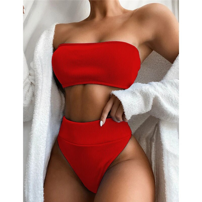 Seksi kupaći kostimi s visokim strukom, ženski kupaći kostim s otvorenim ramenima, jednobojni bikini za 2021., ženski kupaći kostim s bandeau kupaćim kostimom za kupanje