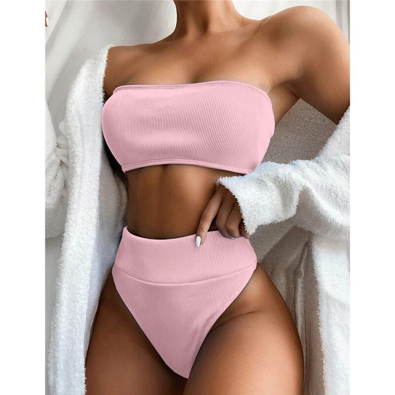 Seksi kupaći kostimi s visokim strukom, ženski kupaći kostim s otvorenim ramenima, jednobojni bikini za 2021., ženski kupaći kostim s bandeau kupaćim kostimom za kupanje