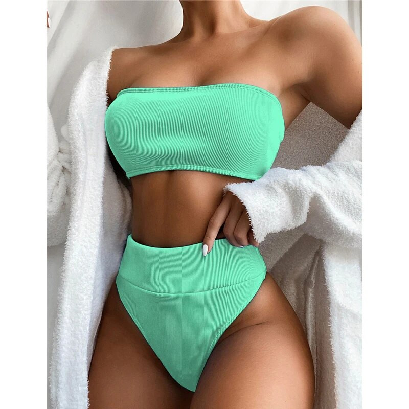 Seksi kupaći kostimi s visokim strukom, ženski kupaći kostim s otvorenim ramenima, jednobojni bikini za 2021., ženski kupaći kostim s bandeau kupaćim kostimom za kupanje