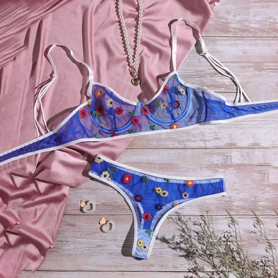 Gėlių siuvinėjimas Seksualus liemenėlių rinkinys Itin ploni G-String stringi be plieno žiedų liemenėlės miegui Žavingi apatiniai apatinis trikotažas LenceríA