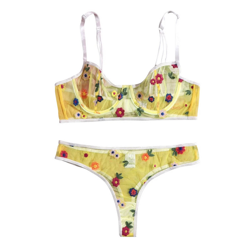 Ziedu izšuvumi Sexy krūštura komplekts Īpaši plānas G-stīgu siksnas bez tērauda gredzena krūštura guļamveļa Apburoša apakšveļa Apakšveļa LenceríA