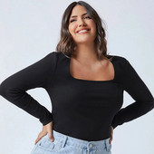 Plus Size Τετράγωνος λαιμός Άνοιξη Φθινοπωρινό Κομψό Γυναικείο Μακρυμάνικο Μπλούζα Μαύρη Θήκη Γυναικεία Μεγάλο Μέγεθος Σέξι Μπλουζάκι 5XL 6XL 7XL