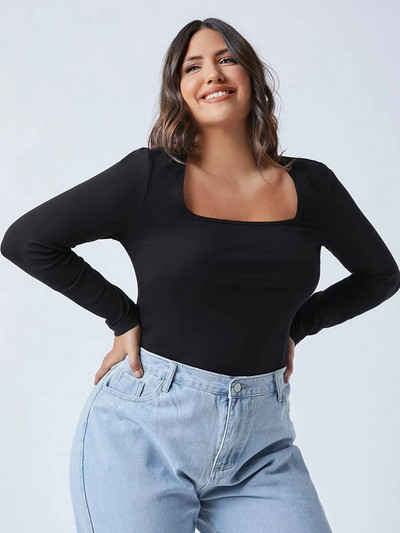 Plus Size Τετράγωνος λαιμός Άνοιξη Φθινοπωρινό Κομψό Γυναικείο Μακρυμάνικο Μπλούζα Μαύρη Θήκη Γυναικεία Μεγάλο Μέγεθος Σέξι Μπλουζάκι 5XL 6XL 7XL