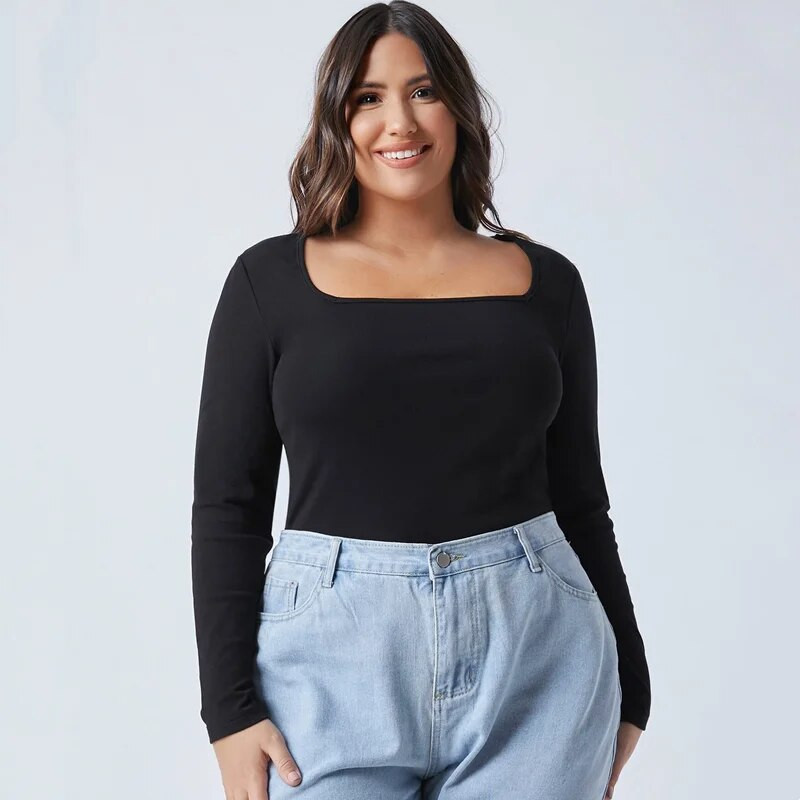 Plus Size Τετράγωνος λαιμός Άνοιξη Φθινοπωρινό Κομψό Γυναικείο Μακρυμάνικο Μπλούζα Μαύρη Θήκη Γυναικεία Μεγάλο Μέγεθος Σέξι Μπλουζάκι 5XL 6XL 7XL