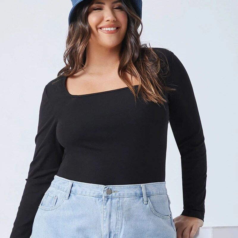 Plus Size Τετράγωνος λαιμός Άνοιξη Φθινοπωρινό Κομψό Γυναικείο Μακρυμάνικο Μπλούζα Μαύρη Θήκη Γυναικεία Μεγάλο Μέγεθος Σέξι Μπλουζάκι 5XL 6XL 7XL